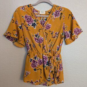 Yellow Floral Faux Wrap Top, Size S